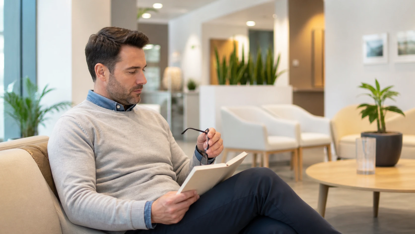 Patient adulte relisant des questions simples dans la salle d'attente d'un cabinet dentaire.